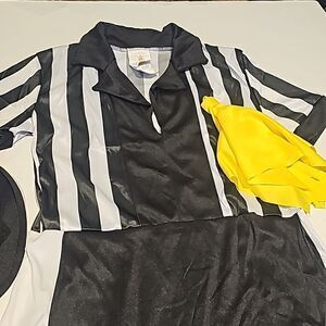 Women's Flirty Referee costume dress has  black and white vertical stripes, sz S